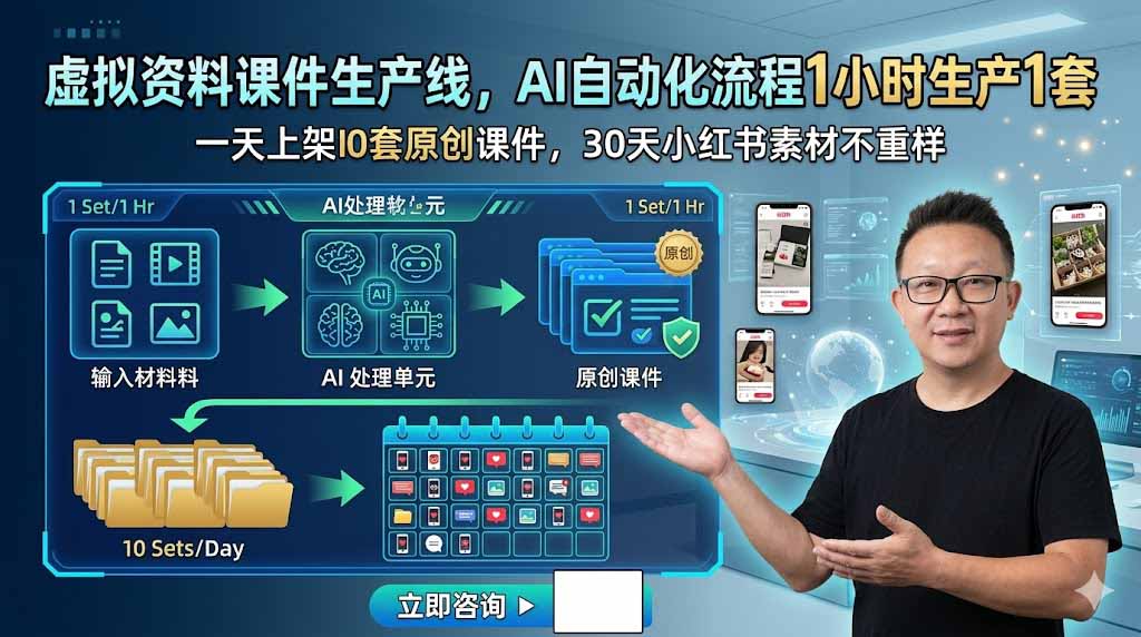 虚拟资料课件生产线，AI自动化流程1小时生产1套，一天上架10套原创课件，30天小红书素材不重样-shxbox省心宝盒