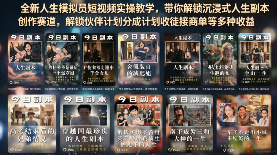 全新人生模拟员短视频实操教学，带你解锁沉浸式人生副本创作赛道，解锁伙伴计划分成计划收徒接商单等多种收益-shxbox省心宝盒