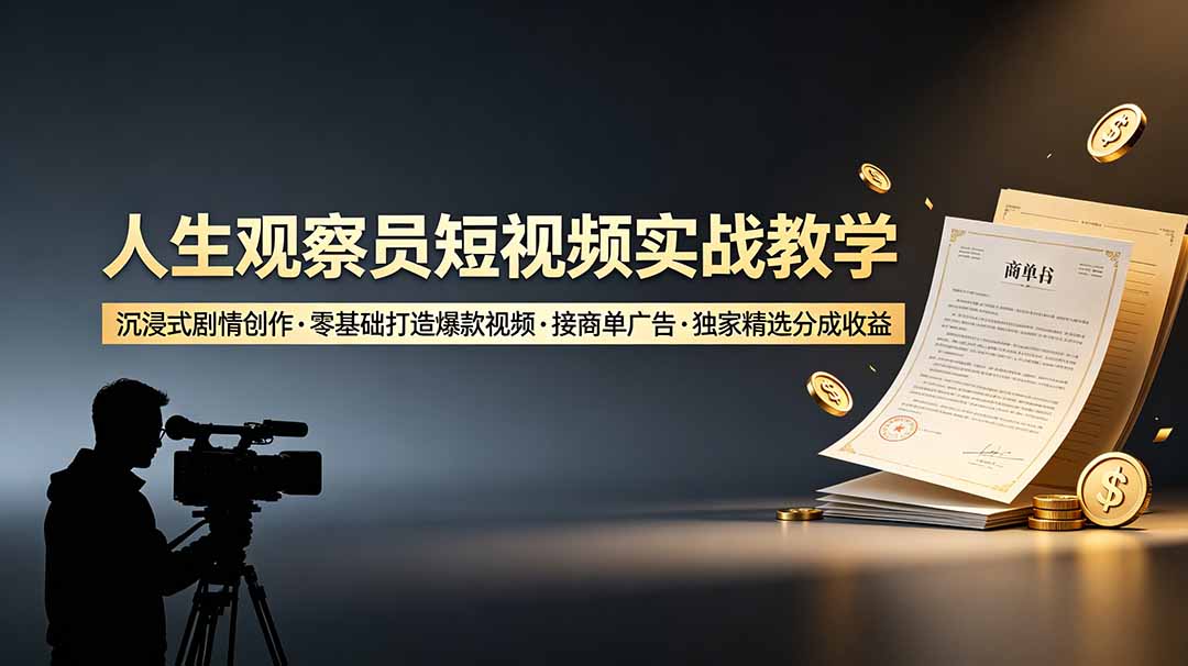 人生观察员短视频实战教学，沉浸式剧情创作，零基础打造爆款视频，接商单广告，独家精选分成收益-shxbox省心宝盒