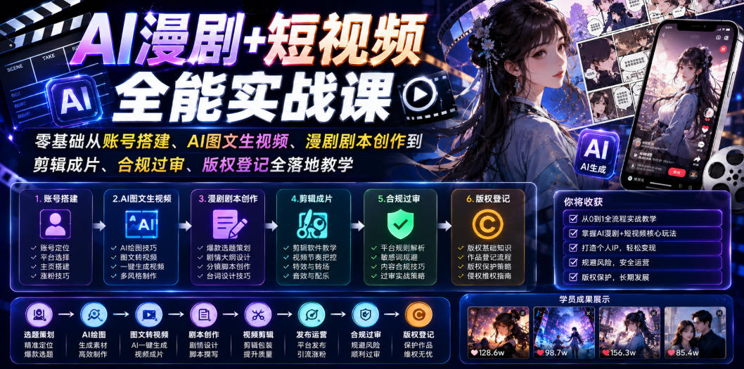 AI漫剧+短视频全能实战课｜零基础从账号搭建、AI图文生视频、漫剧剧本创作到剪辑成片、合规过审、版权登记全落地教学-shxbox省心宝盒