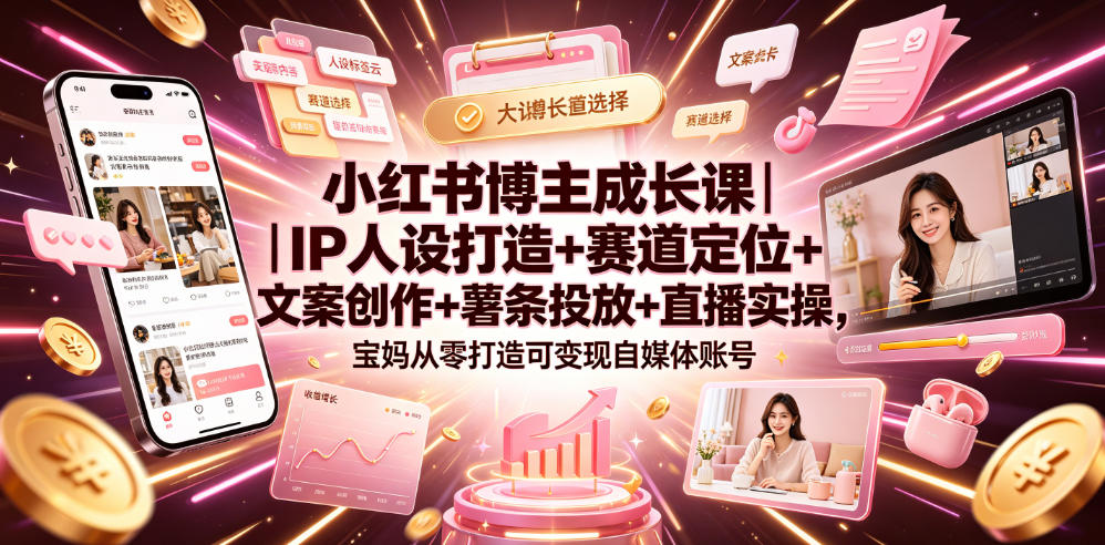 小红书博主成长课｜IP人设打造+赛道定位+文案创作+薯条投放+直播实操，宝妈从零打造可变现自媒体账号-shxbox省心宝盒