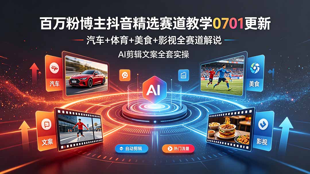 百万粉博主抖音精选赛道教学-0701更新，汽车+体育+美食+影视全赛道解说，AI剪辑文案全套实操-shxbox省心宝盒