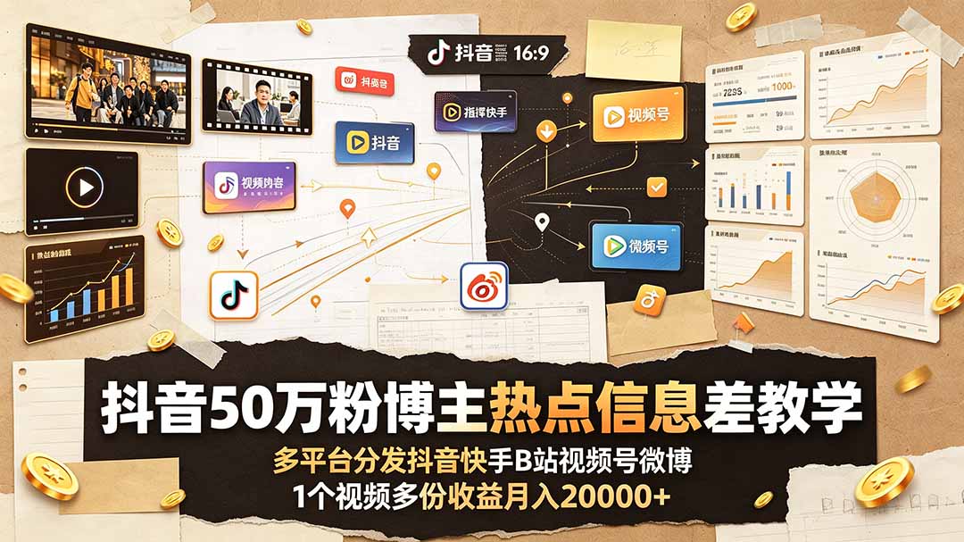 抖音50万粉博主热点信息差教学：多平台分发抖音快手B站视频号微博，1个视频多份收益月入20000+-shxbox省心宝盒