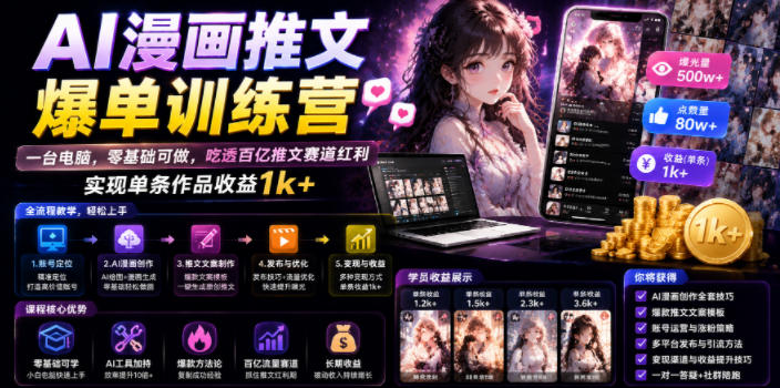 AI漫画推文爆单训练营，一台电脑，零基础可做，吃透百亿推文赛道红利，实现单条作品收益1k+-shxbox省心宝盒