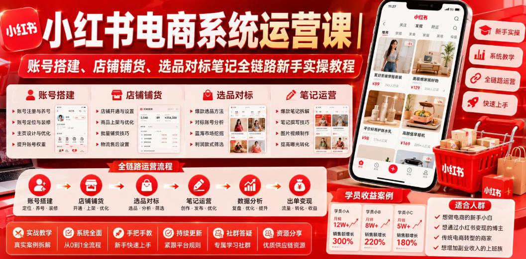 小红书电商系统运营课｜账号搭建、店铺铺货、选品对标笔记全链路新手实操教程-shxbox省心宝盒