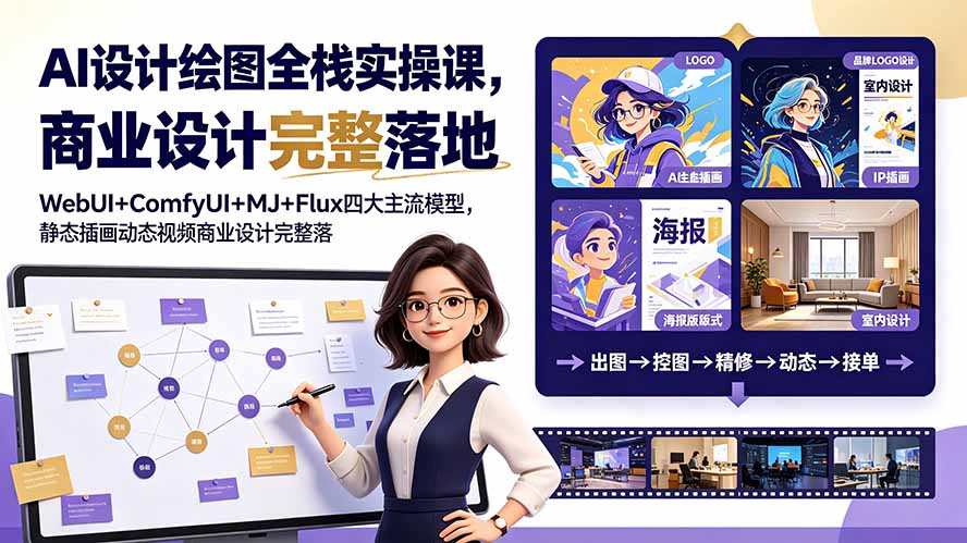 AI设计绘图全栈实操课，WebUI+ComfyUI+MJ+Flux四大主流模型，静态插画动态视频商业设计完整落地教程-shxbox省心宝盒
