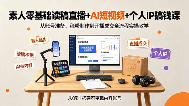 素人零基础读稿直播+AI短视频+个人IP搞钱课，从账号准备、涨粉制作到开播成交全流程实操教学-shxbox省心宝盒
