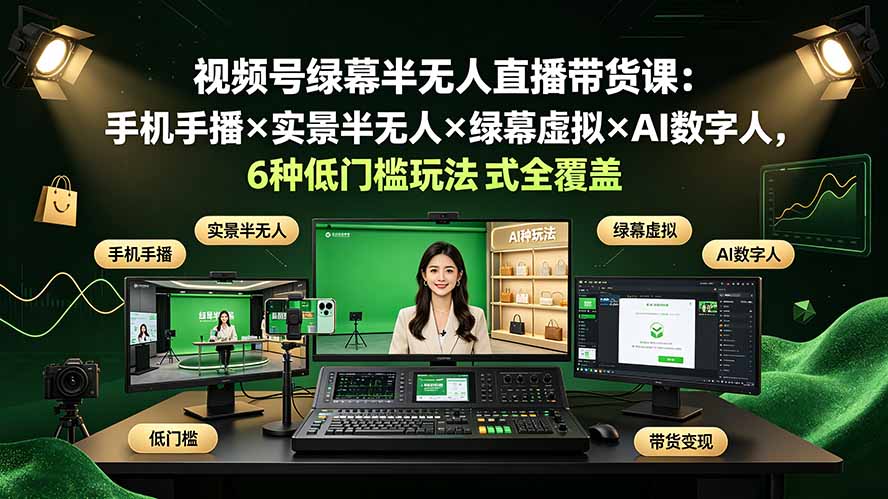 视频号绿幕半无人直播带货课：手机手播×实景半无人×绿幕虚拟×AI数字人，6种低门槛玩法全覆盖-shxbox省心宝盒
