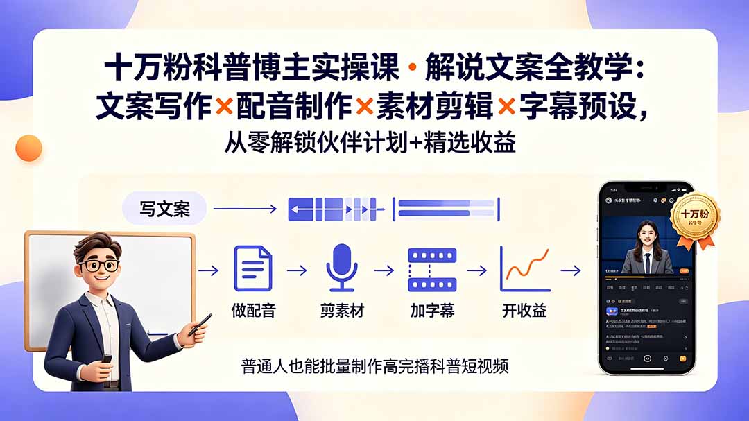 10万粉科普博主实操课-解说文案全教学：文案写作×配音制作×素材剪辑×字幕预设，从零解锁伙伴计划+精选收益-shxbox省心宝盒