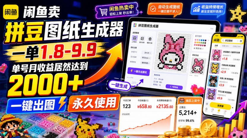 闲鱼卖拼豆图纸生成器，一单1.8-9.9，单号月收益居然达到2000+一键出图永久使用-shxbox省心宝盒