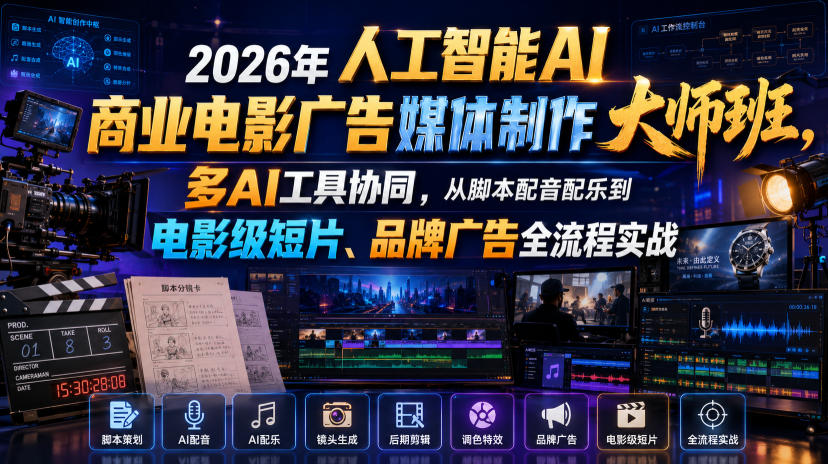 2026年人工智能AI商业电影广告媒体制作大师班，多AI工具协同，从脚本配音配乐到电影级短片、品牌广告全流程实战(中英字幕)-shxbox省心宝盒