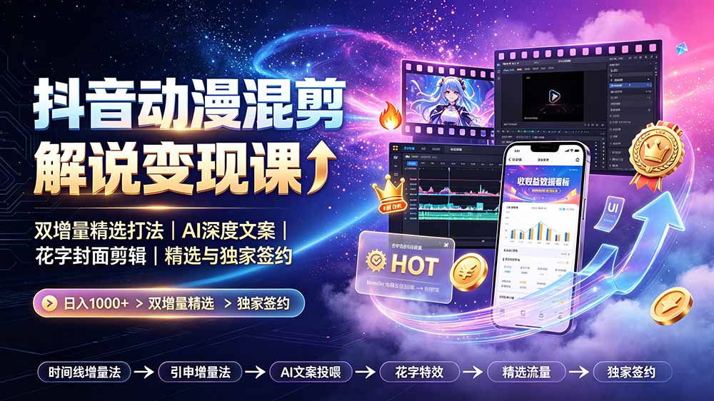 抖音动漫混剪解说变现课：双增量精选打法｜AI深度文案｜花字封面剪辑｜ 精选与独家签约日入1000+-shxbox省心宝盒