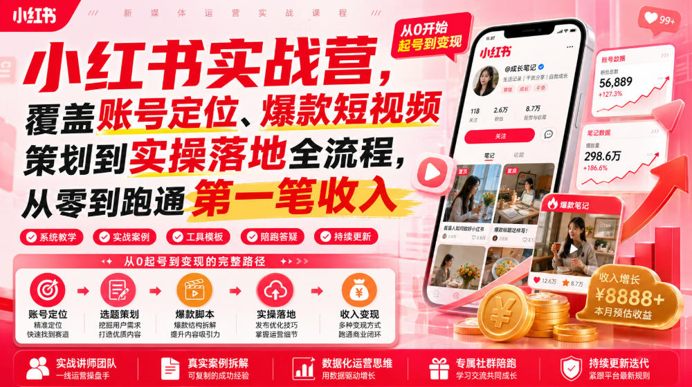 小红书实战营，覆盖账号定位、爆款短视频策划到实操落地全流程，从零到跑通第一笔收入-shxbox省心宝盒