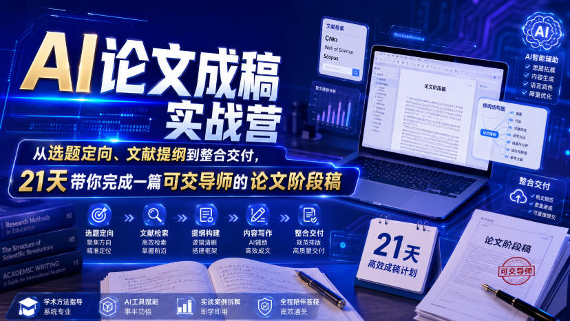 AI论文成稿实战营，从选题定向、文献提纲到整合交付，21天带你完成一篇可交导师的论文阶段稿-shxbox省心宝盒
