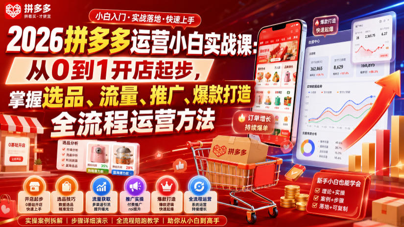2026拼多多运营小白实战课：从0到1开店起步，掌握选品、流量、推广、爆款打造全流程运营方法-shxbox省心宝盒