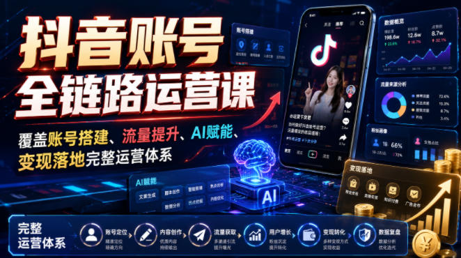 抖音账号全链路运营课，覆盖账号搭建、流量提升、AI赋能、变现落地完整运营体系-shxbox省心宝盒
