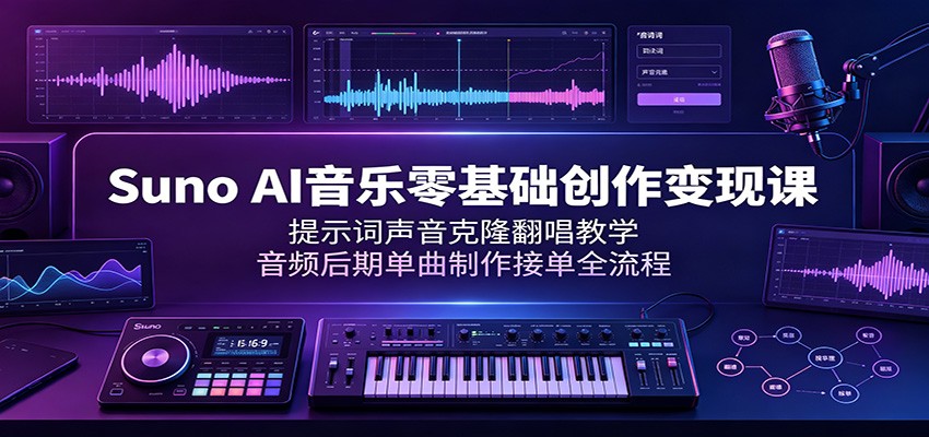 Suno AI音乐零基础创作变现课：提示词声音克隆翻唱教学，音频后期单曲制作接单全流程-shxbox省心宝盒