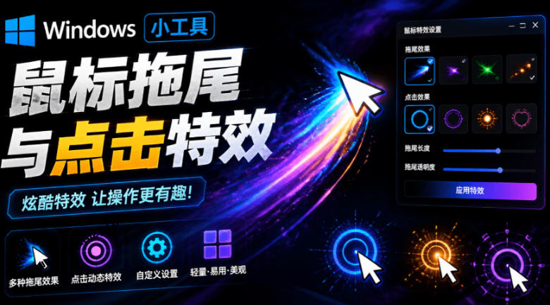Windows特效小工具！一键给你的鼠标添加拖尾与点击动态特效，吾爱出品，免费使用Mouse Trail-shxbox省心宝盒