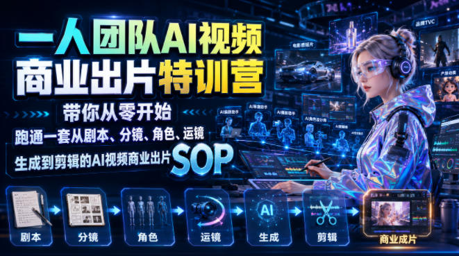 一人团队AI视频商业出片实战课：带你从零开始跑通一套从剧本、分镜、角色、运镜、生成到剪辑的AI视频商业出片SOP-shxbox省心宝盒