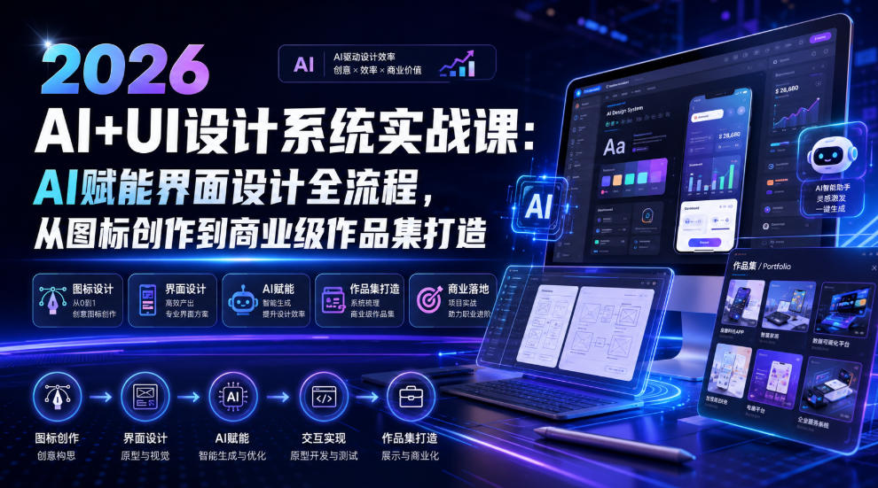 2026 AI+UI设计系统实战课：AI赋能界面设计全流程，从图标创作到商业级作品集打造-shxbox省心宝盒