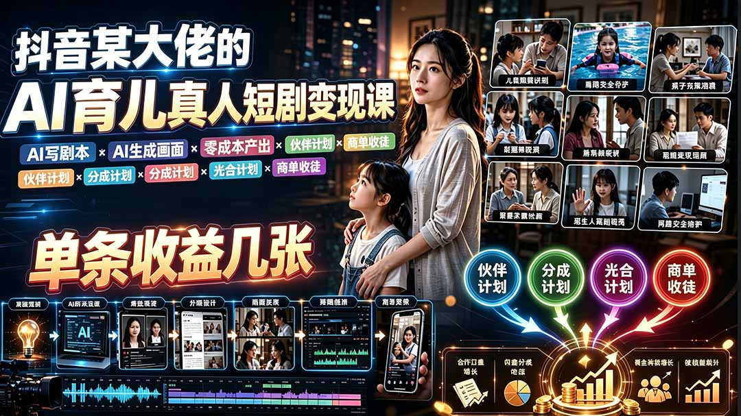 AI育儿真人短剧变现课：AI写剧本×AI生成画面×零成本产出×伙伴计划×分成计划×光合计划×商单收徒-shxbox省心宝盒