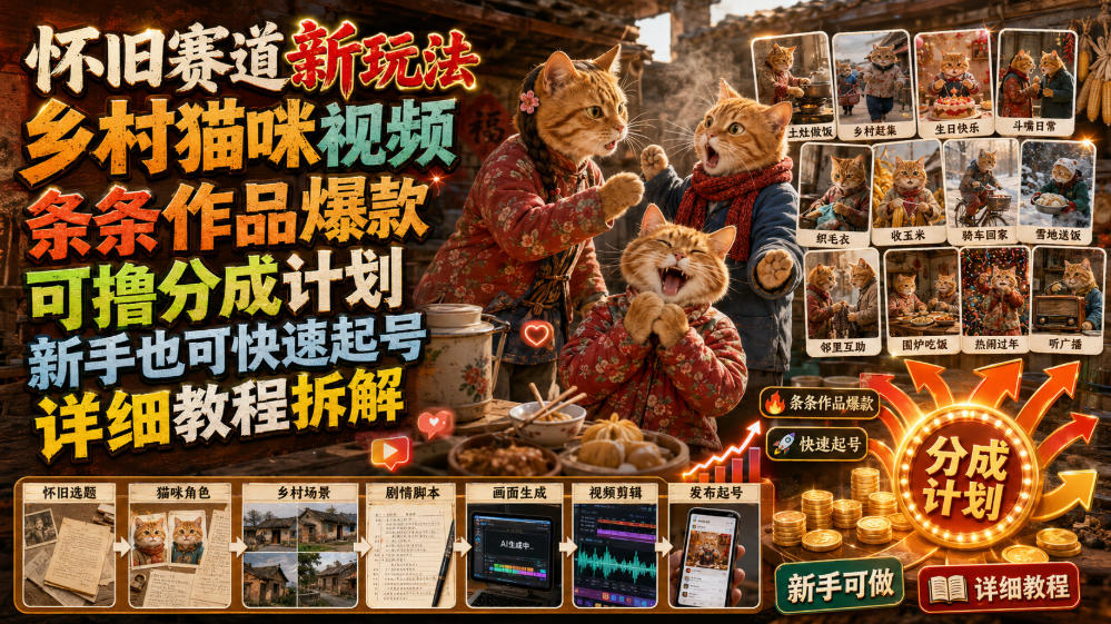 怀旧赛道新玩法,乡村猫咪视频,条条作品爆款,可撸分成计划,新手也可快速起号,详细教程拆解-shxbox省心宝盒