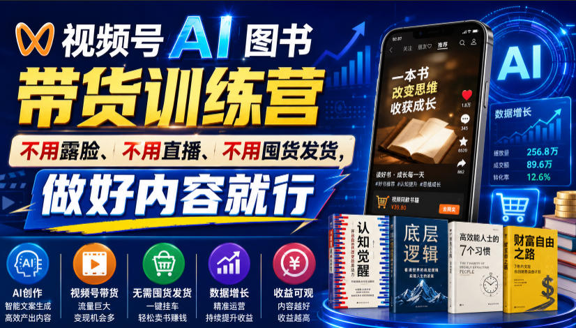 视频号AI图书带货训练营,不用露脸、不用直播、不用囤货发货,做好内容就行,一条爆款视频佣金8942-shxbox省心宝盒