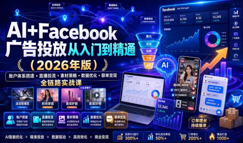 AI+Facebook广告投放从入门到精通(2026年版)|账户体系搭建・直播投流・素材策略・数据优化・聊单变现全链路实战课-shxbox省心宝盒