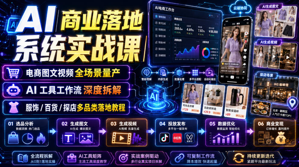 AI商业落地系统实战课｜电商图文视频全场景量产・AI工具工作流深度拆解・服饰/百货/探店多品类落地教程-shxbox省心宝盒