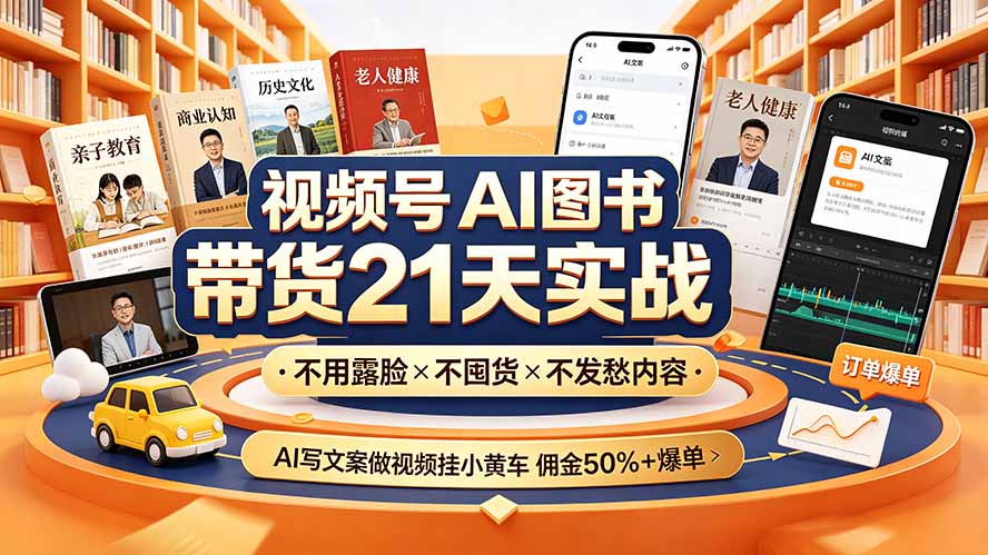 视频号AI图书带货21天实战：不用露脸×不囤货×不发愁内容，AI写文案做视频挂小黄车，佣金50%+爆单-shxbox省心宝盒