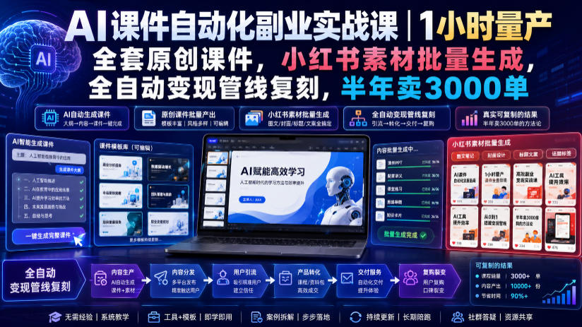 AI课件自动化副业实战课｜1小时量产全套原创课件，小红书素材批量生成，全自动变现管线复刻，半年卖3000单-shxbox省心宝盒