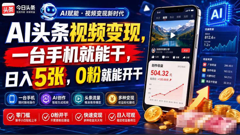 AI头条视频变现，一台手机就能干，日入5张，0粉就能开干-shxbox省心宝盒