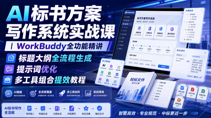 AI标书方案写作系统实战课｜WorkBuddy全功能精讲・标题大纲全流程生成・提示词优化・多工具组合提效教程-shxbox省心宝盒
