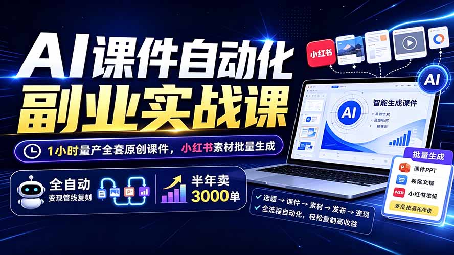 AI课件自动化副业实战课：1小时量产全套原创课件×小红书素材批量生成×全自动变现管线×半年卖3000单-shxbox省心宝盒