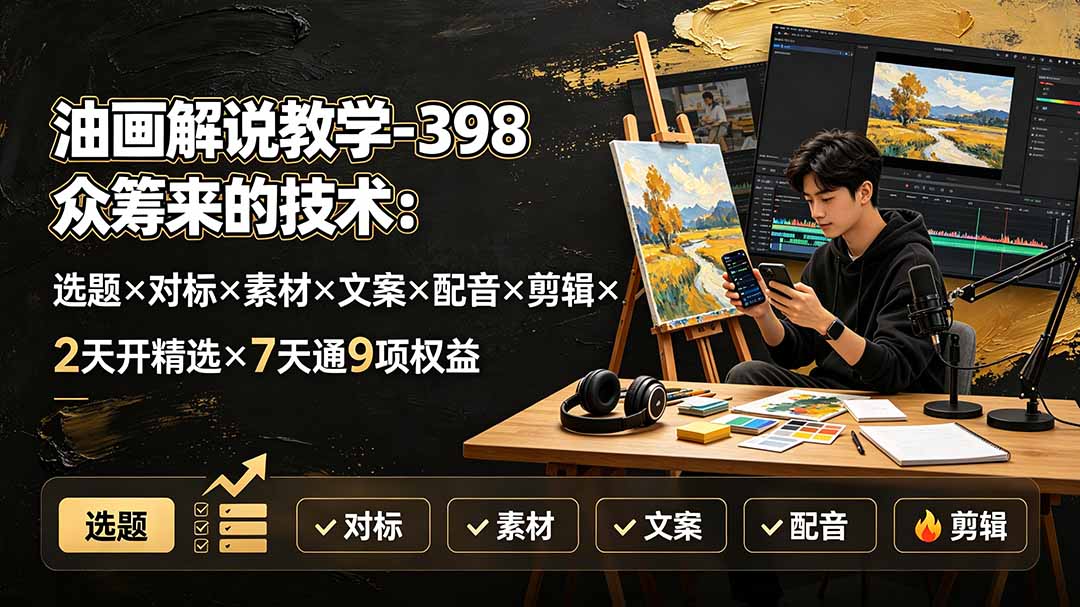 油画解说教学-398众筹来的技术：选题×对标×素材×文案×配音×剪辑×2天开精选×7天通9项权益-shxbox省心宝盒