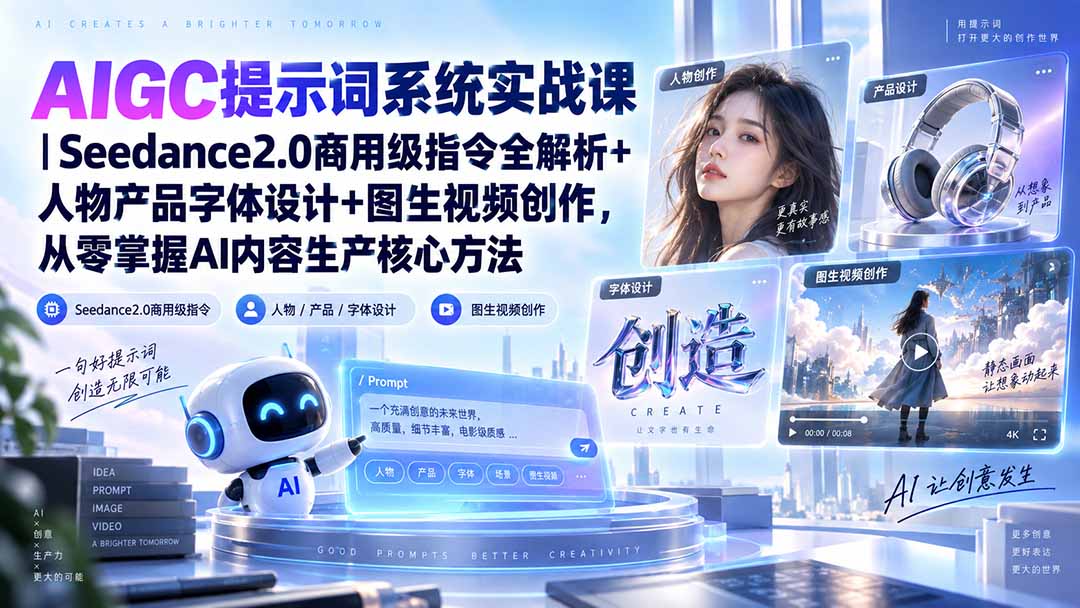AIGC提示词系统实战课-无水印｜Seedance2.0商用级指令全解析+人物产品字体设计+图生视频创作，掌握AI内容生产方法-shxbox省心宝盒