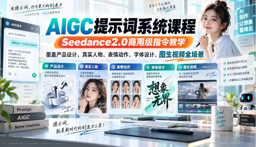 AIGC提示词系统课程,Seedance2.0商用级指令教学,覆盖产品设计、真实人物、表情动作、字体设计、图生视频全场景-shxbox省心宝盒