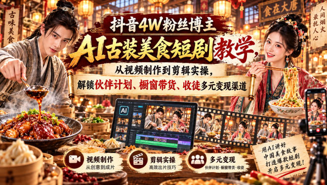 抖音4W粉丝博主AI古装美食短剧教学，从视频制作到剪辑实操，解锁伙伴计划、橱窗带货、收徒多元变现渠道-shxbox省心宝盒