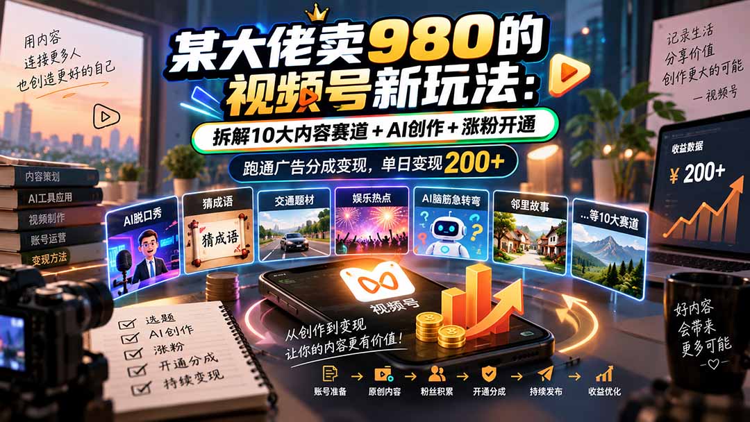 某大佬卖980的视频号新玩法：拆解10大内容赛道+AI创作+涨粉开通，跑通广告分成变现，单日变现200+-shxbox省心宝盒