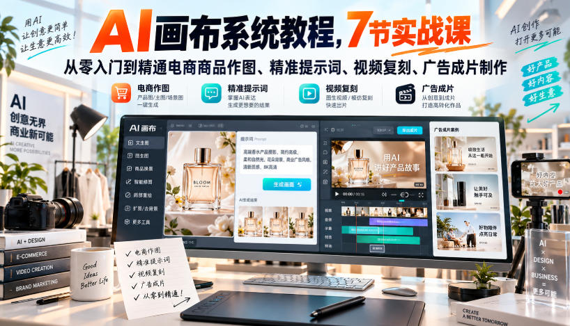 AI画布系统教程,7节实战课从零入门到精通电商商品作图、精准提示词、视频复刻、广告成片制作
