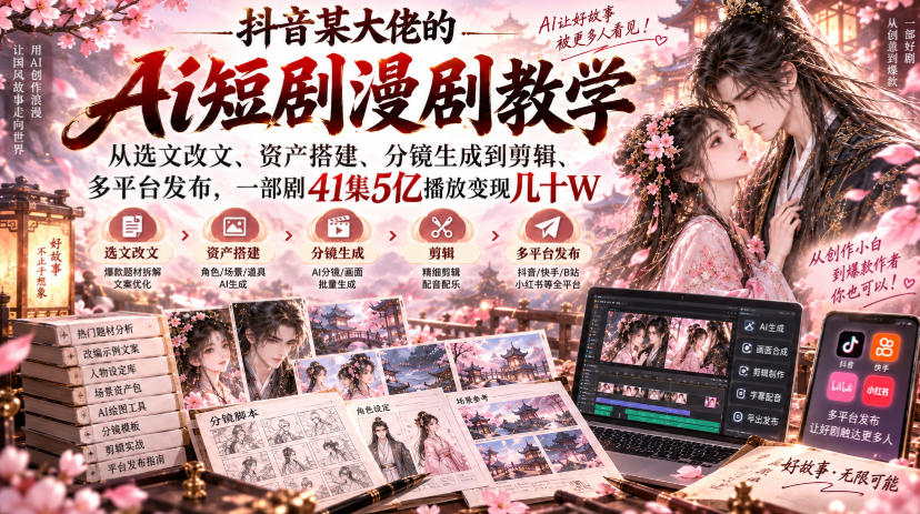 抖音某大佬的Ai短剧漫剧教学，从选文改文、资产搭建、分镜生成到剪辑、多平台发布，一部剧41集5亿播放变现几十W-shxbox省心宝盒