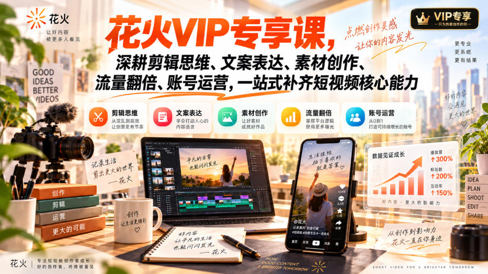 花火VIP专享课，深耕剪辑思维、文案表达、素材创作、流量翻倍、账号运营，一站式补齐短视频核心能力-shxbox省心宝盒