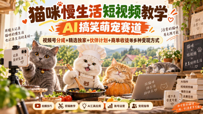猫咪慢生活短视频教学，AI搞笑萌宠赛道，视频号分成+精选独家+伙伴计划+商单收徒等多种变现方式-shxbox省心宝盒