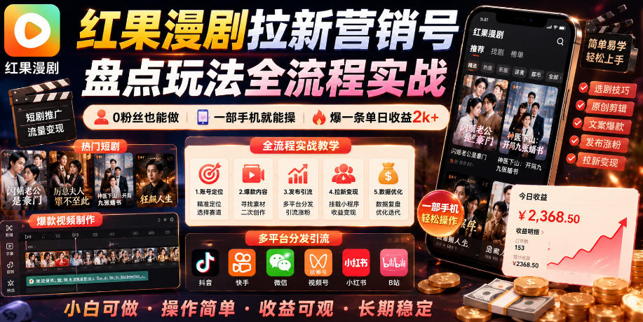 红果漫剧拉新营销号盘点玩法全流程实战,0粉丝也能做,一部手机就能做,爆一条单日收益2k+(更新0922)