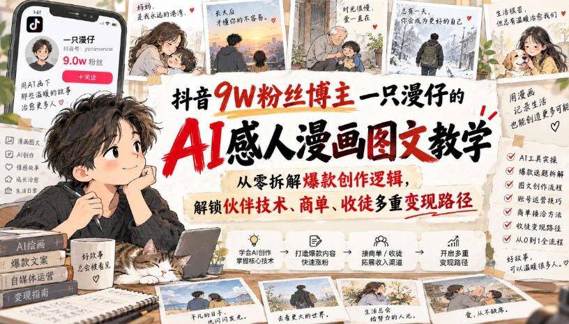 抖音9W粉丝博主一只漫仔的AI感人漫画图文教学，从零拆解爆款创作逻辑，解锁伙伴技术、商单、收徒多重变现路径-shxbox省心宝盒