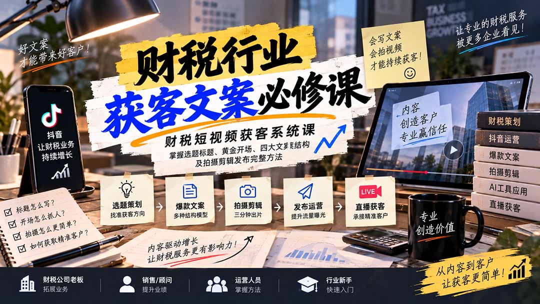 财税短视频获客系统课：掌握选题标题、黄金开场、四大文案结构及拍摄剪辑发布完整方法-shxbox省心宝盒