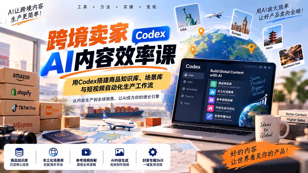 跨境卖家AI内容效率课：用Codex搭建商品知识库、场景库与短视频自动化生产工作流-shxbox省心宝盒