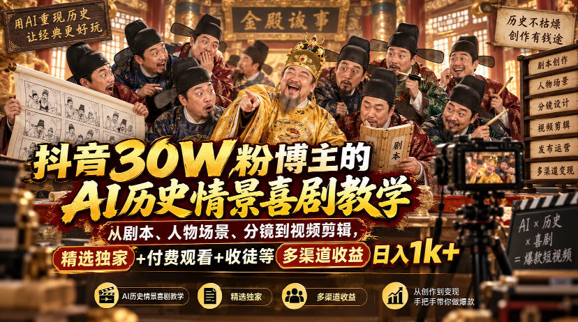 抖音30W粉博主的AI历史情景喜剧教学，从剧本、人物场景、分镜到视频剪辑，精选独家+付费观看+收徒等多渠道收益日入1k+-shxbox省心宝盒