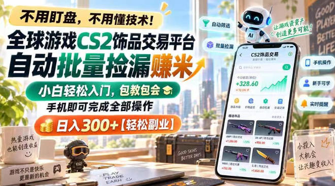 全球游戏CS2饰品交易平台自动批量捡漏賺米,小白轻松入门,包教包会,手机即可完成全部操作,日入300+【揭秘】