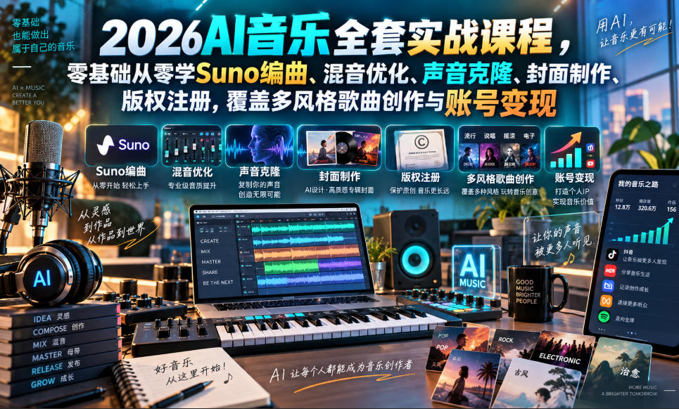 2026AI音乐实战课程，零基础从零学Suno编曲、混音优化、声音克隆、版权注册，覆盖多风格歌曲创作与账号变现(更新0924)-shxbox省心宝盒